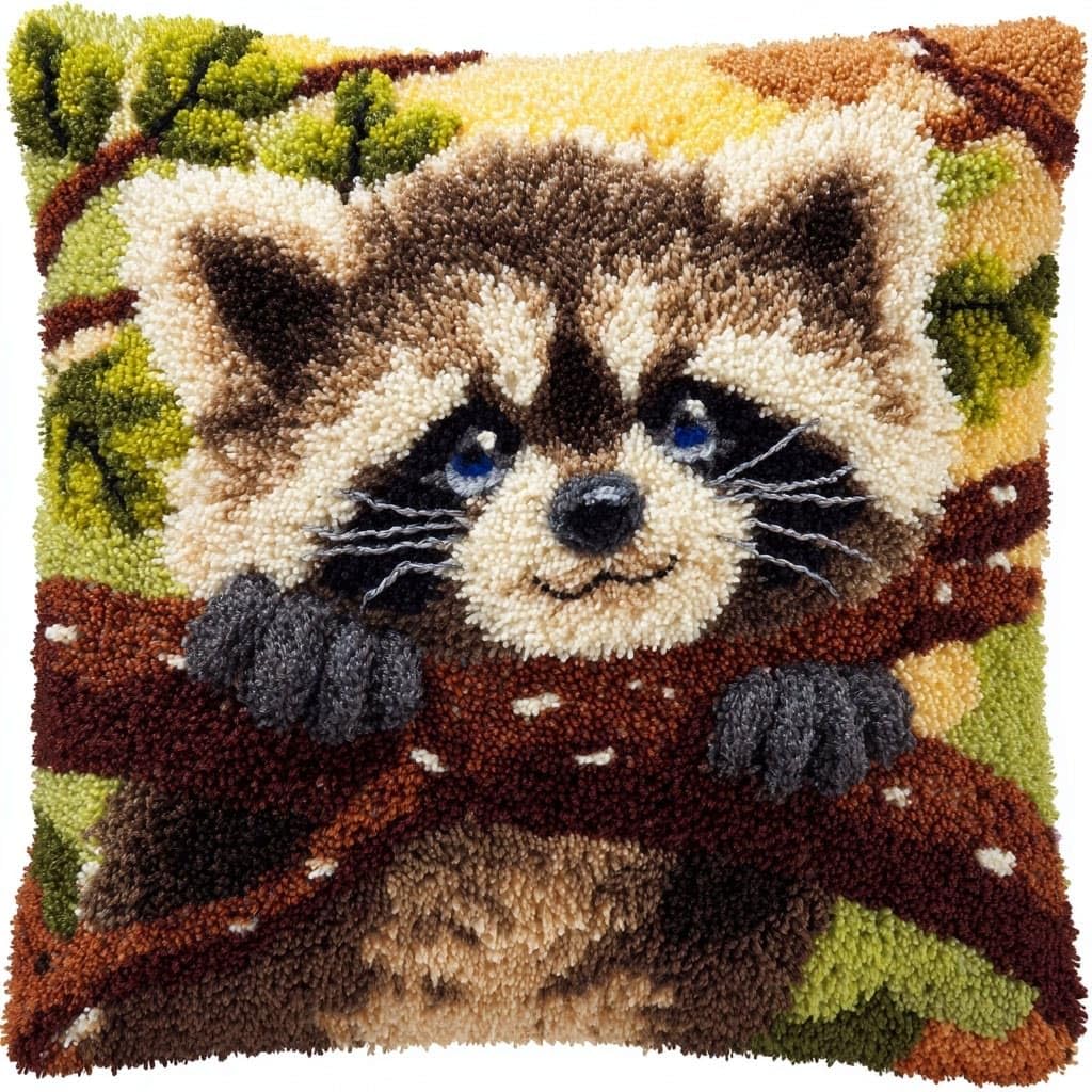 Henypt DIY Latch Hook Cushion Kits Raccoon