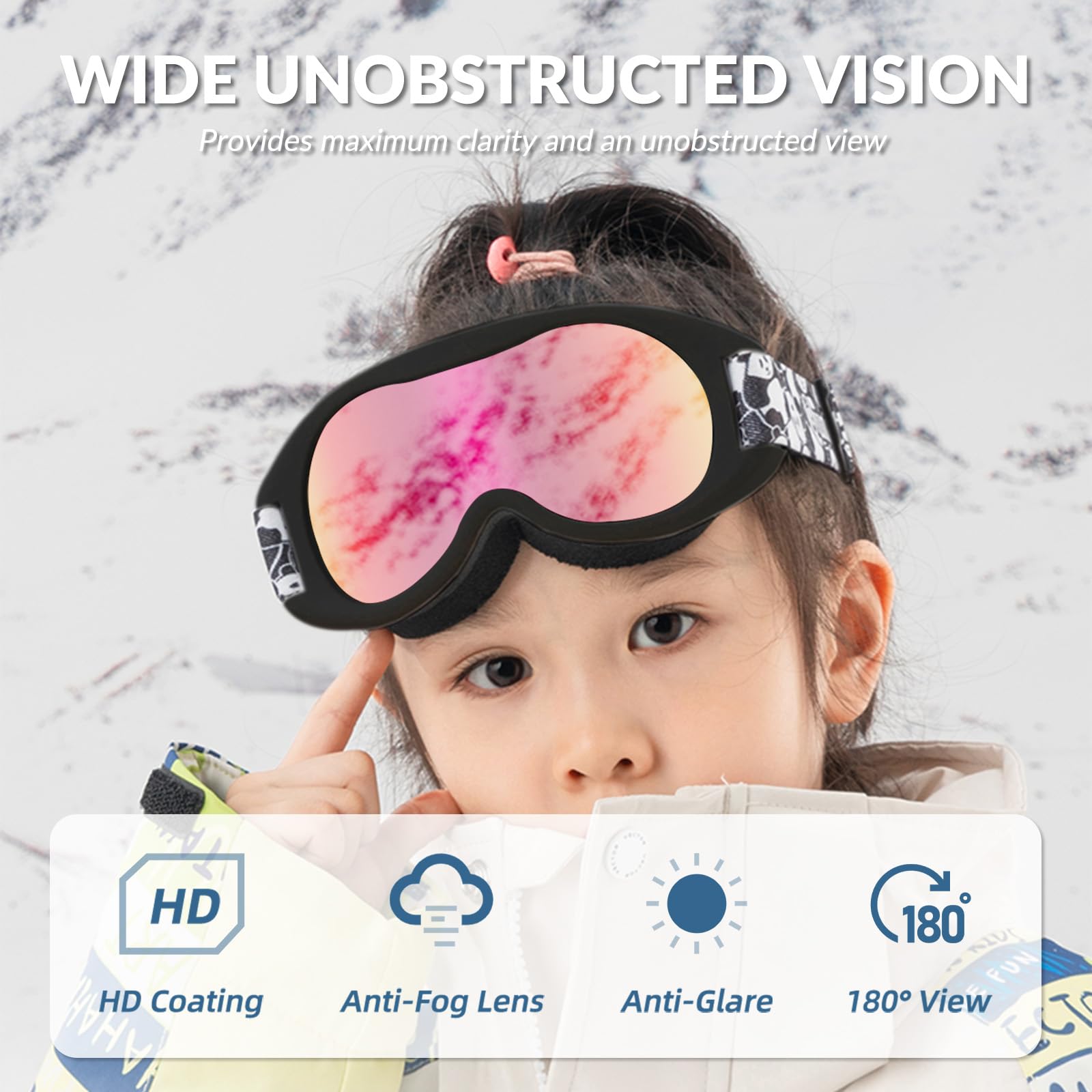 Qunature Kids Ski Goggles OTG Snow Goggles with Spherical Dual Lens UV400 Panda Design Ski Glasses Anti-Fog Children Snowboard Goggles Skiing Skating Snowmobiles - Image 2