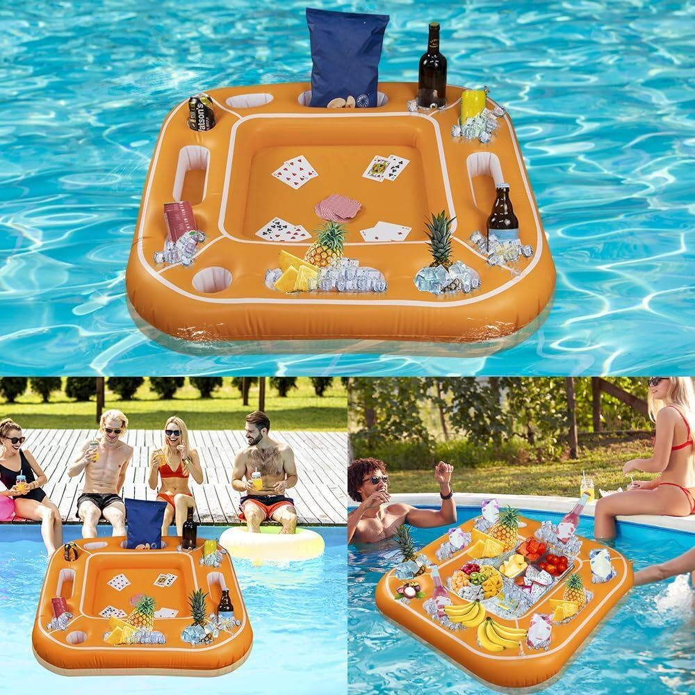 Table de jeu de cartes flottante gonflable, plateau flottant avec porte-boisson et collation, cartes à jouer étanches pour la plage et les fêtes d'été