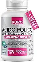 L-Metilfolato Ácido Fólico Puro Nutrition, 400 mcg de Ácido Fólico, Vitaminas B12 e B6, 120 Cápsulas