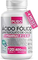 L-Metilfolato Ácido Fólico Puro Nutrition, 400 mcg de Ácido Fólico, Vitaminas B12 e B6, 120 Cápsulas