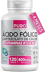 L-Metilfolato Ácido Fólico Puro Nutrition, 400 mcg de Ácido Fólico, Vitaminas B12 e B6, 120 Cápsulas