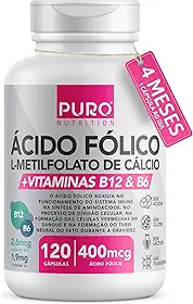 L-Metilfolato Ácido Fólico Puro Nutrition, 400 mcg de Ácido Fólico, Vitaminas B12 e B6, 120 Cápsulas