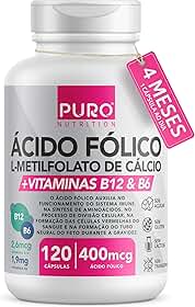 L-Metilfolato Ácido Fólico Puro Nutrition, 400 mcg de Ácido Fólico, Vitaminas B12 e B6, 120 Cápsulas