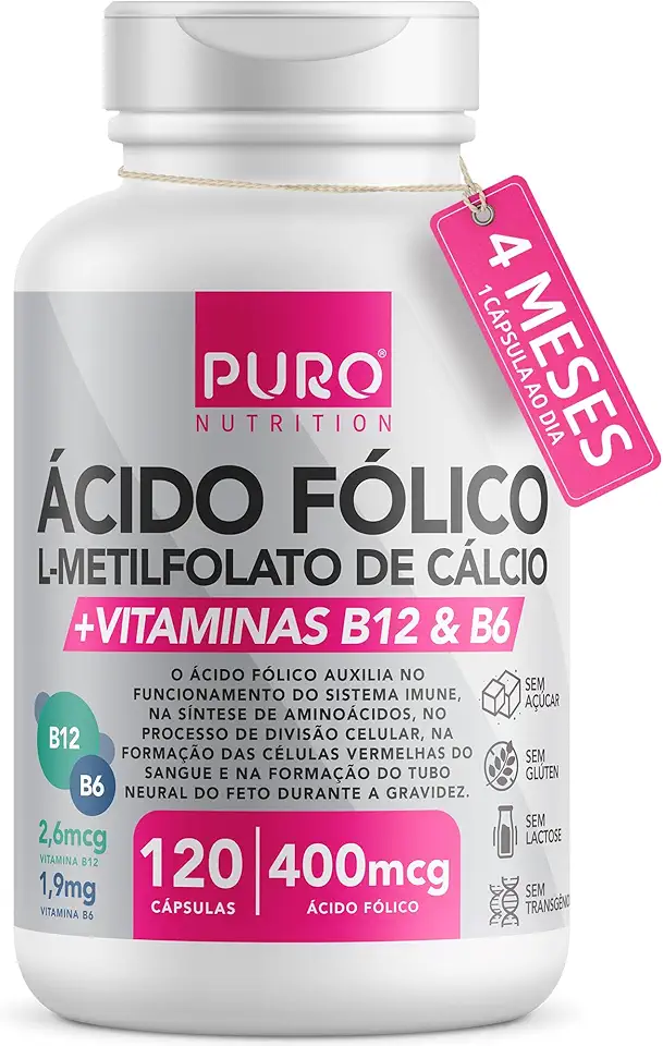 L-Metilfolato Ácido Fólico Puro Nutrition, 400 mcg de Ácido Fólico, Vitaminas B12 e B6, 120 Cápsulas