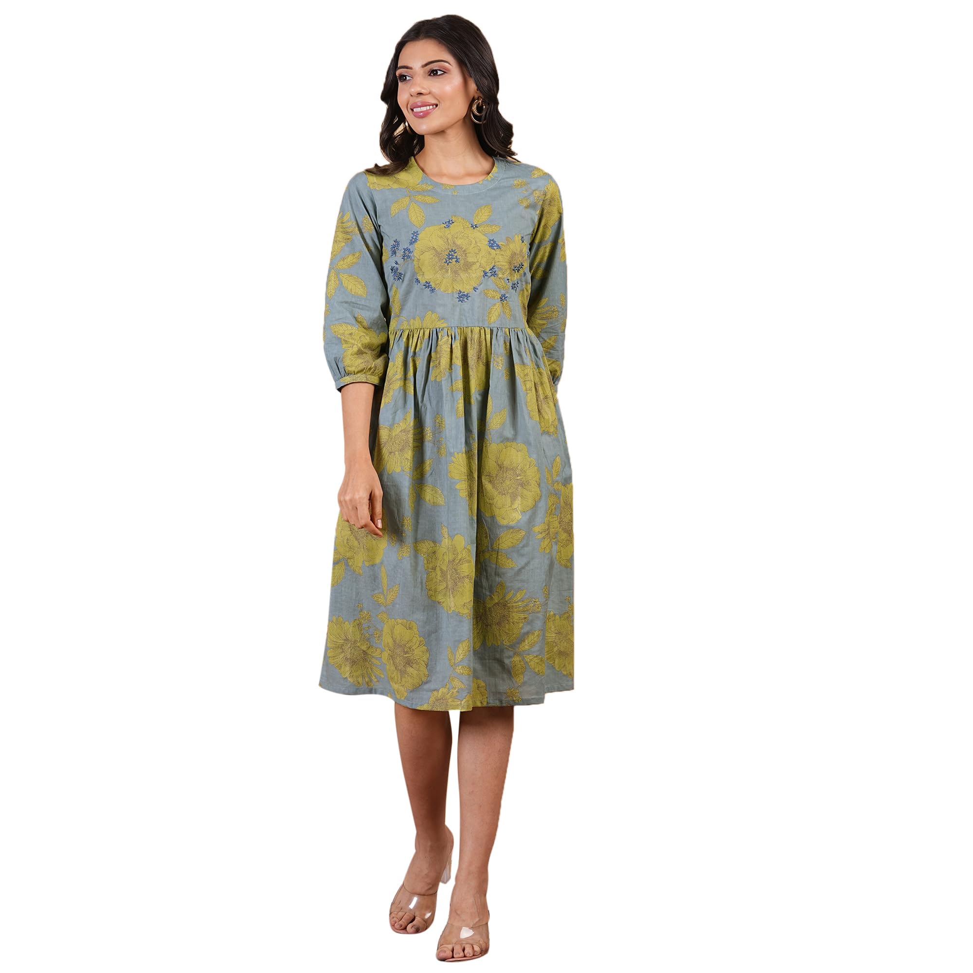 KAMI KUBI Floral Printed Dress with Bishop Sleeve.