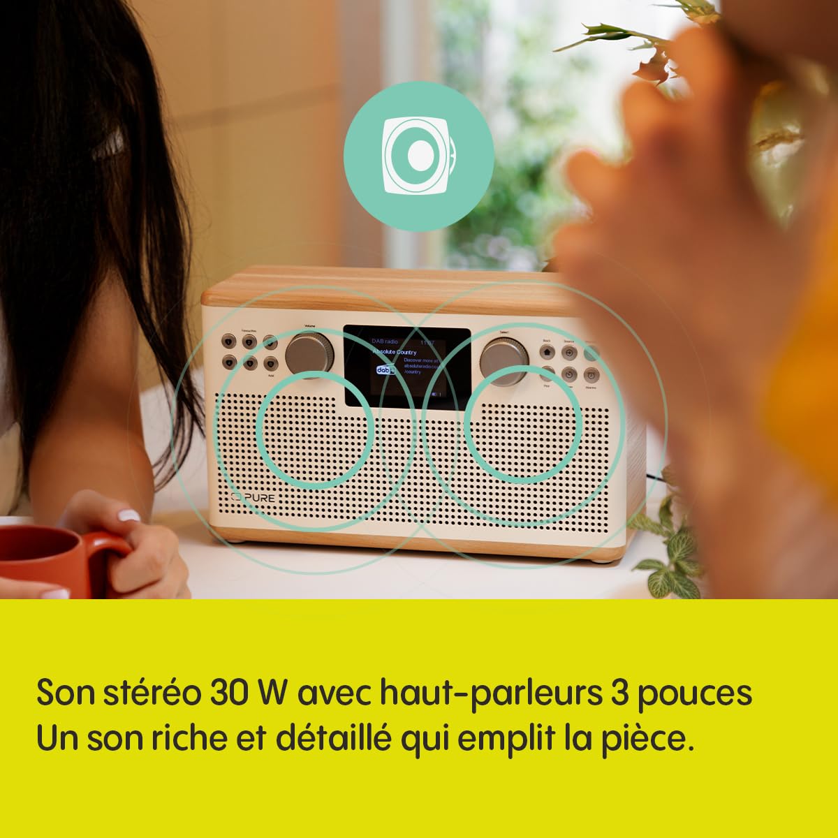 Pure Classic H6 Chaîne stéréo Hi-Fi et chaîne musicale avec radio DAB+ FM Bluetooth 5.3 USB?A & AUX 2,4" Télécommande couleur TFT double réveil, minuterie de sommeil et de cuisine 2 x 15 W 80 mémoires