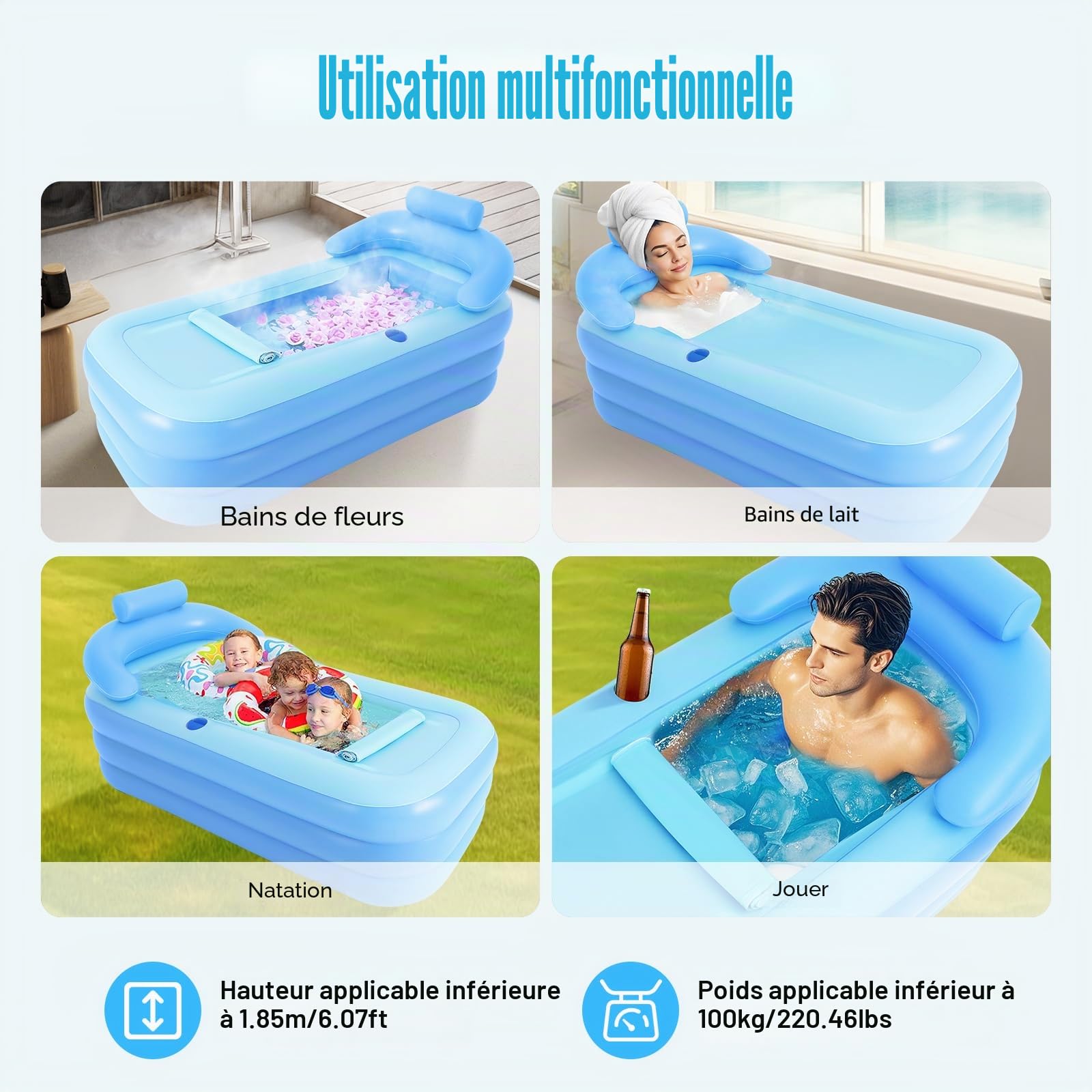 Baignoire gonflable avec oreiller gonflable, dossier ergonomique et accoudoirs, baignoire pliable pour l'extérieur, pour la maison, la terrasse et les jardins