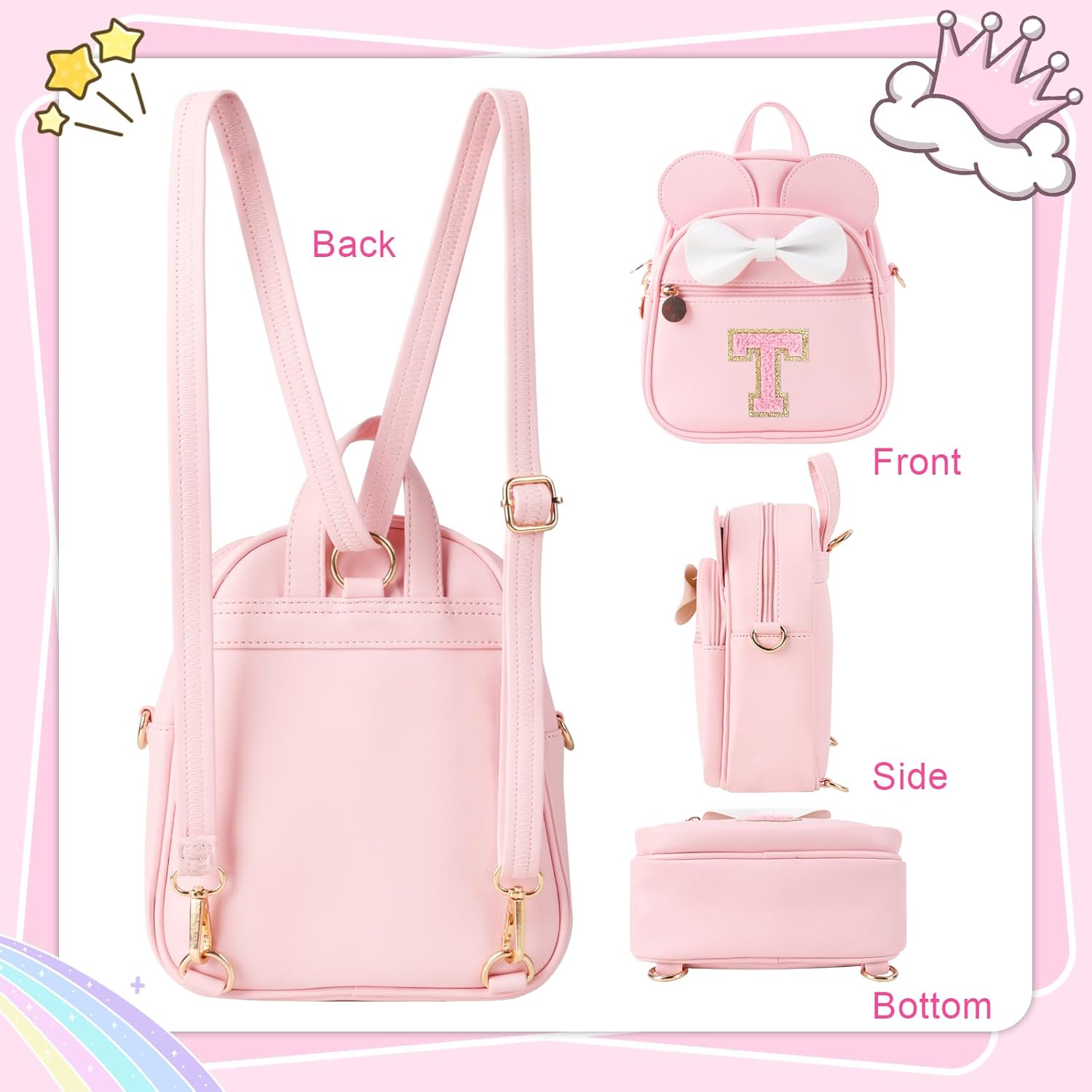 Personalized Toddler Backpack for Girls 3–10, Cute Mini Bowknot Mouse-Ear Toddler Bookbag Crossbody Purse, Small Daypack Wallet Set, Initial Birthday Gift, Trendy Little Kids/Teen Bag(Pink,T) - Image 9