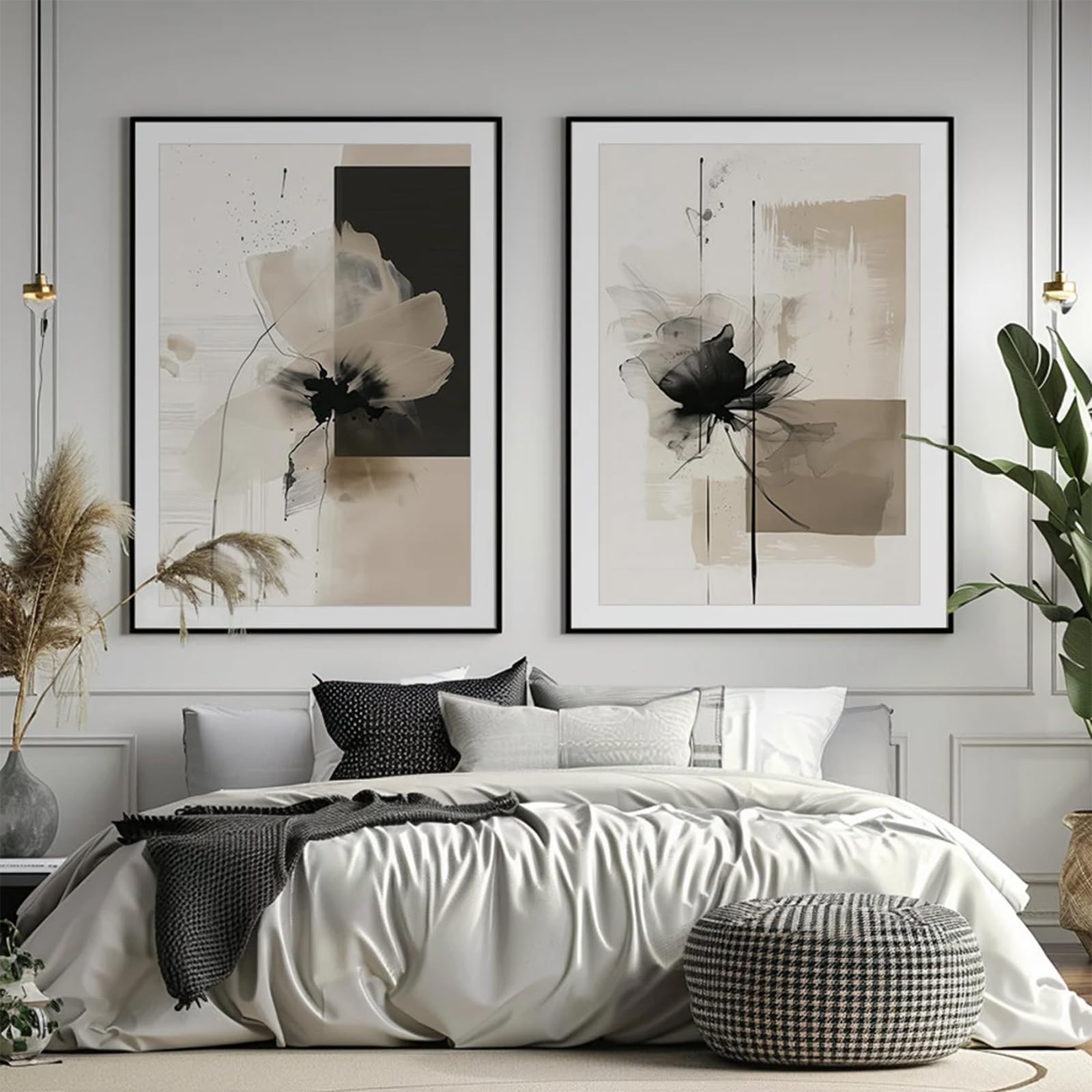 Abstract Floral Wall Art Minimalist Neutral Canvas Painting Beige Black 12x16