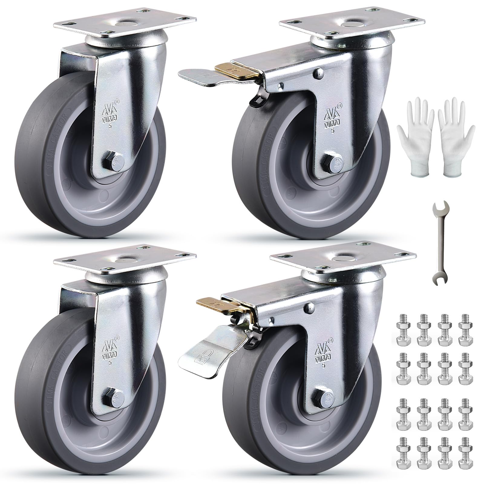 Photo 1 of 5 Inch Castets Set of 4 Heavy Duty Caster Wheels with Brake 3000Lbs Swivel TPR Rubber Wheel Silent Castor Locking Industrial Plate Casters Wheels for Cart Furniture Workbench, Free Bolts and Nuts