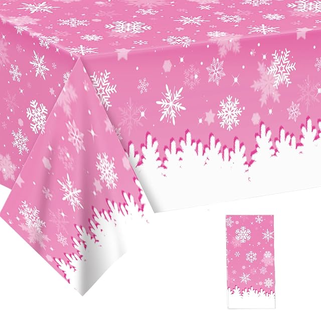 Pink and White Snowflake Tablecloths for Christmas Party,130*220cm Christmas Winter Snowflakes Table Cover Disposable Plastic Table Cloth for Winter Holiday Birthday Xmas Party Supplies Decorations