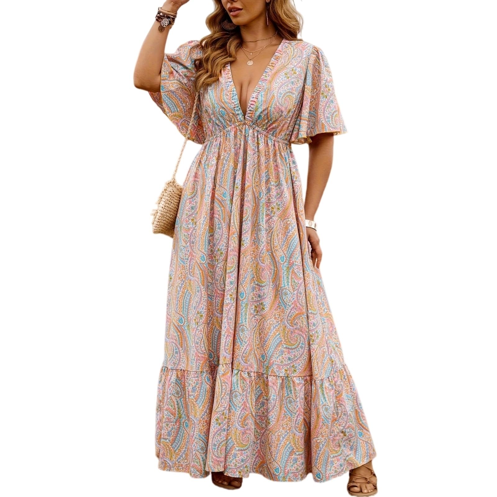 Vestito Plus Size Donna Midi Abito, V Collo Sciolto Abito Casual per Indossare Vacanze Primavera Estate-pink-5xl