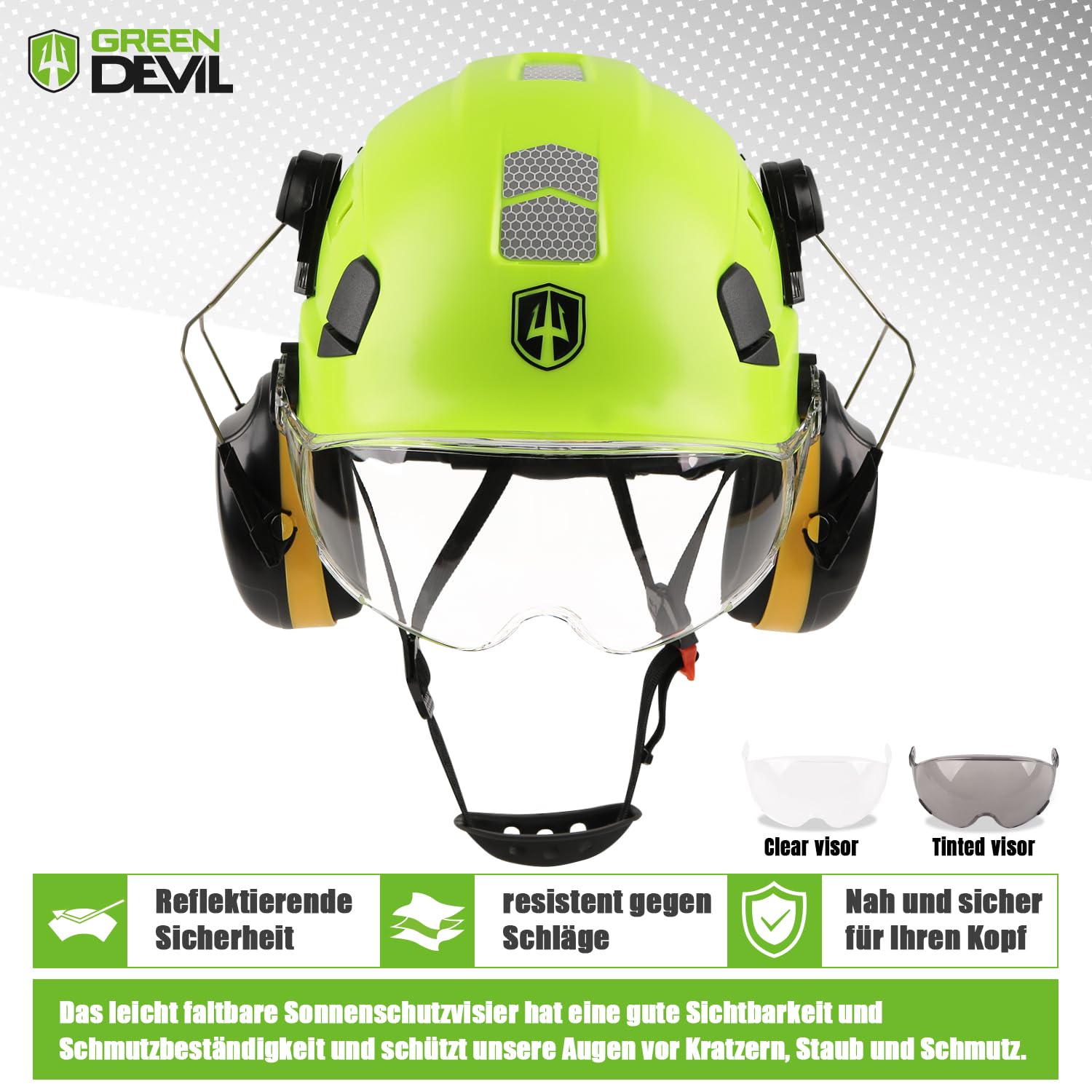 Casque De Protection GREEN DEVIL Avec Visière Et Protection Auditive - ABS, Réglable, Vert