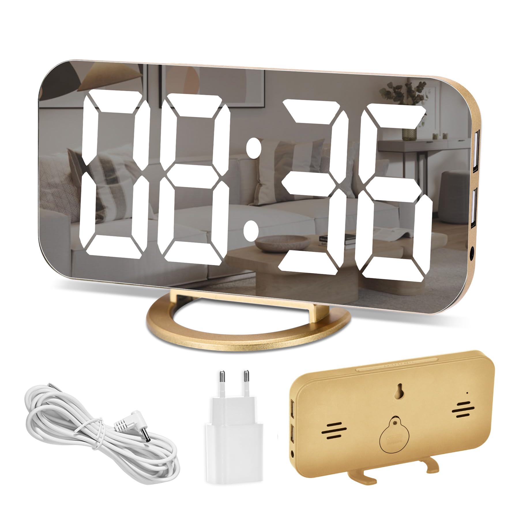 U-picks Sveglia a specchio, Sveglia digitale Ampio display a LED da 6,5 "con modalità di rilevamento della luce, luminosità regolabile, 2 porte di ricarica USB Grande pulsante SNOOZE (oro)