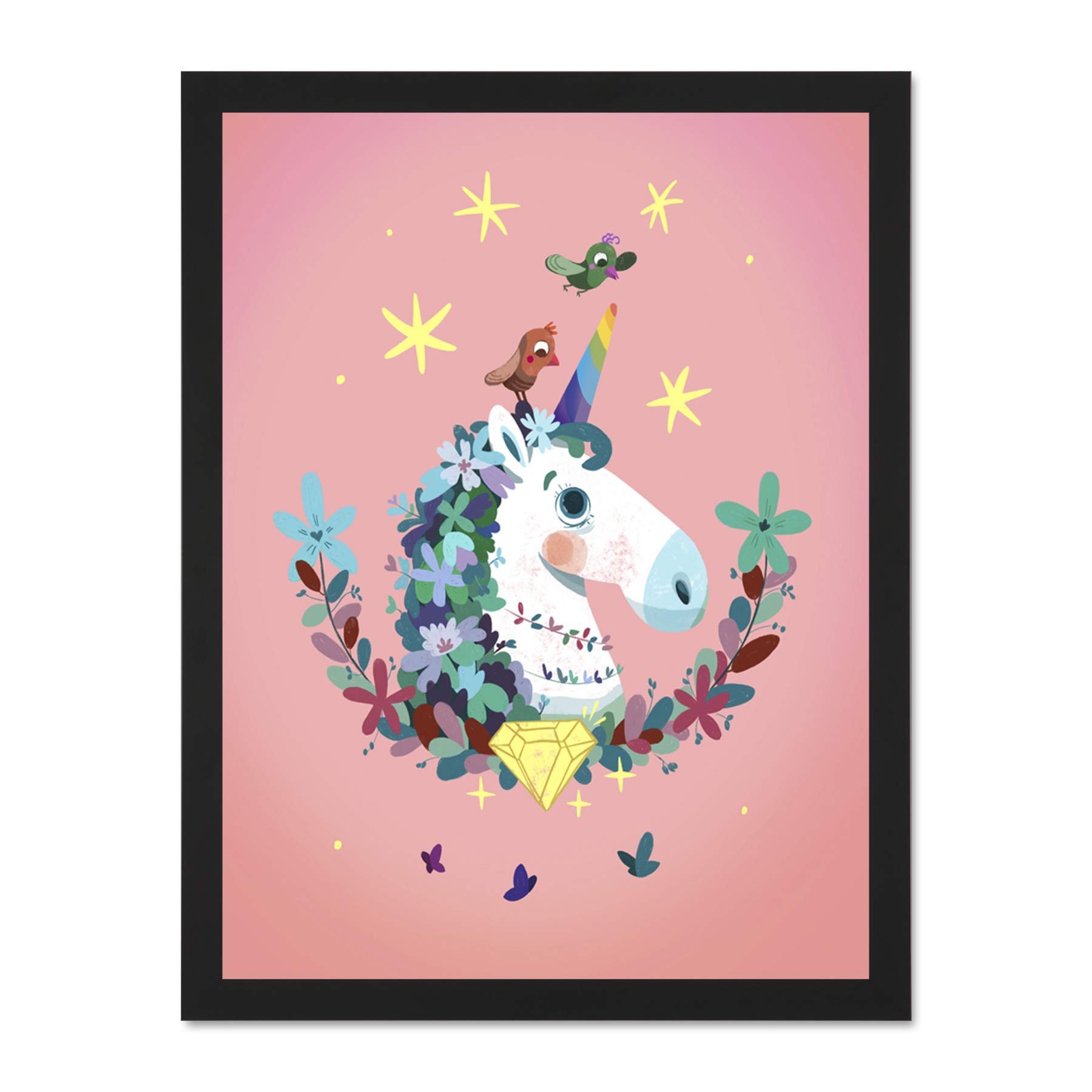 Wee Blue Coo Unicorn Diamond Birds Art Large Framed Art Print Poster Wall Decor 18x24 inch