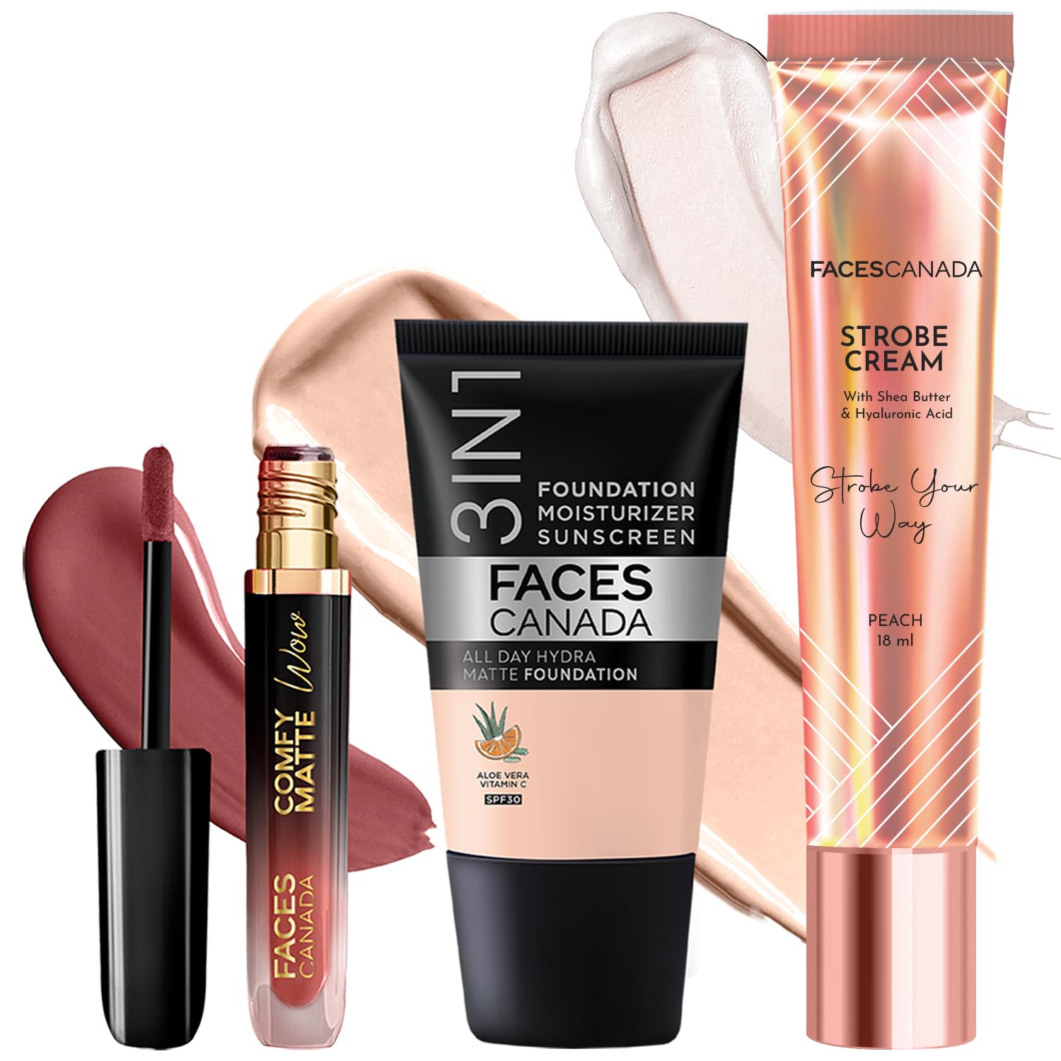 FACES CANADA Mocha Glam Kit |Strobe Cream - Peach (18ml) + Hydra Matte Foundation - Rose Ivory (18ml) + Comfy Matte Wow Liquid Lipstick - Choco Couture (3.8ml) | Illuminating & Glowing Makeup Kit-image-38