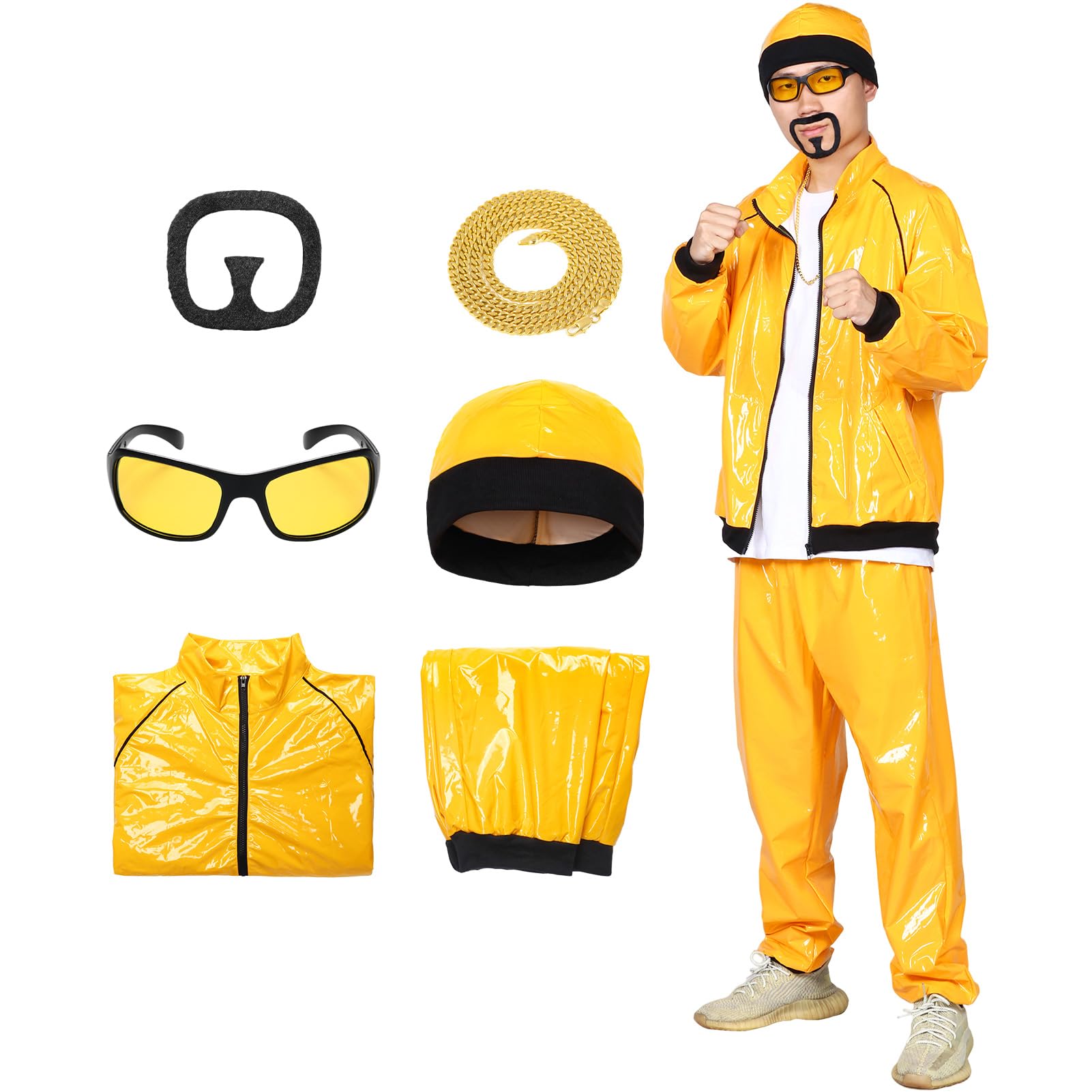 SERTAS 90s Fancy Dress Costumes for Adults,80's 90's Yellow Shell Set,Ali g Costume,Funny Rapper Outfit with Necklace Glasses Beard 6 Pcs Set for Mardi Gras Halloween Party (Yeallow