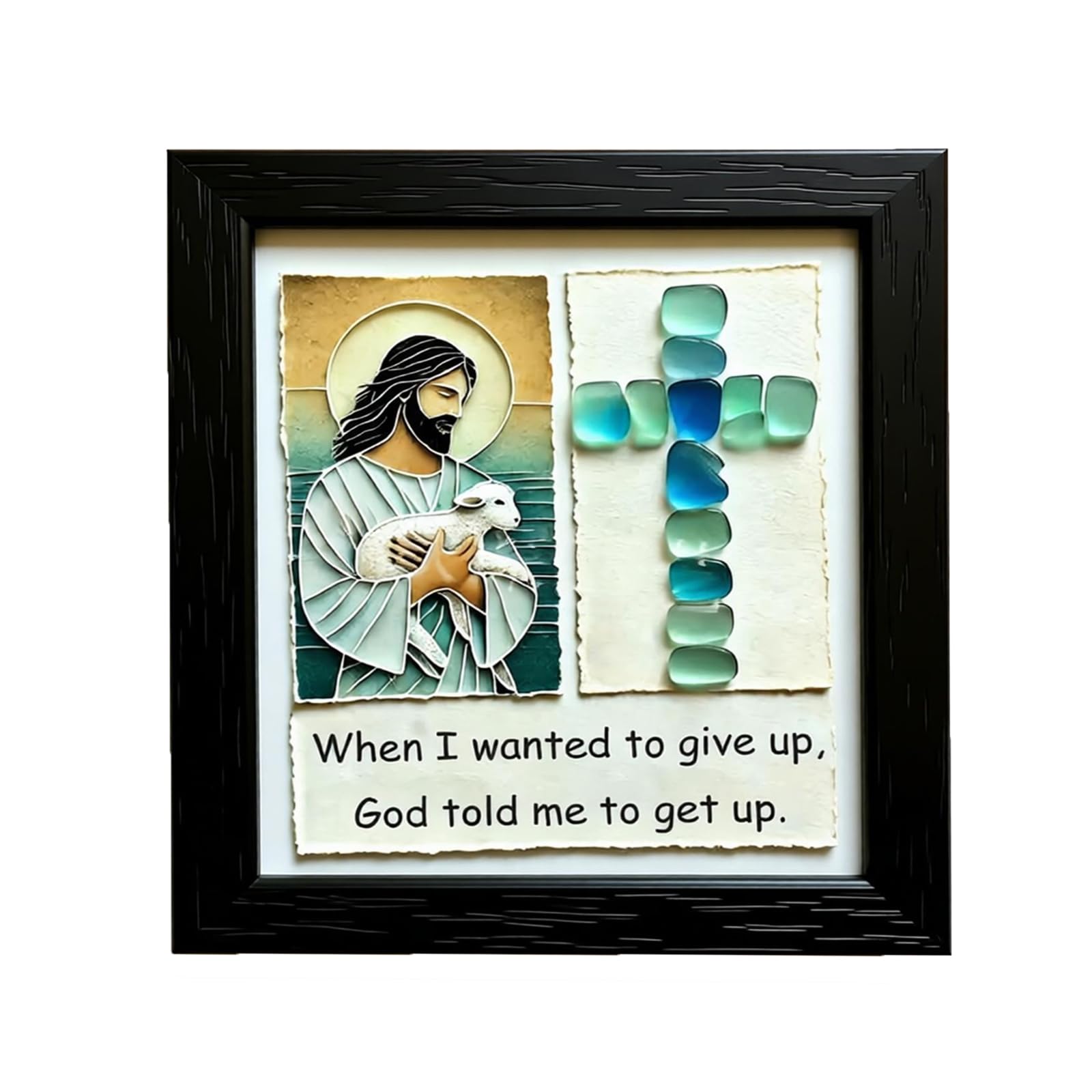 XAGMODSHN Sea Glass Crucifix Wall Art Home Decor with Wood Frame Crucifix Wall Art with Wood Frame