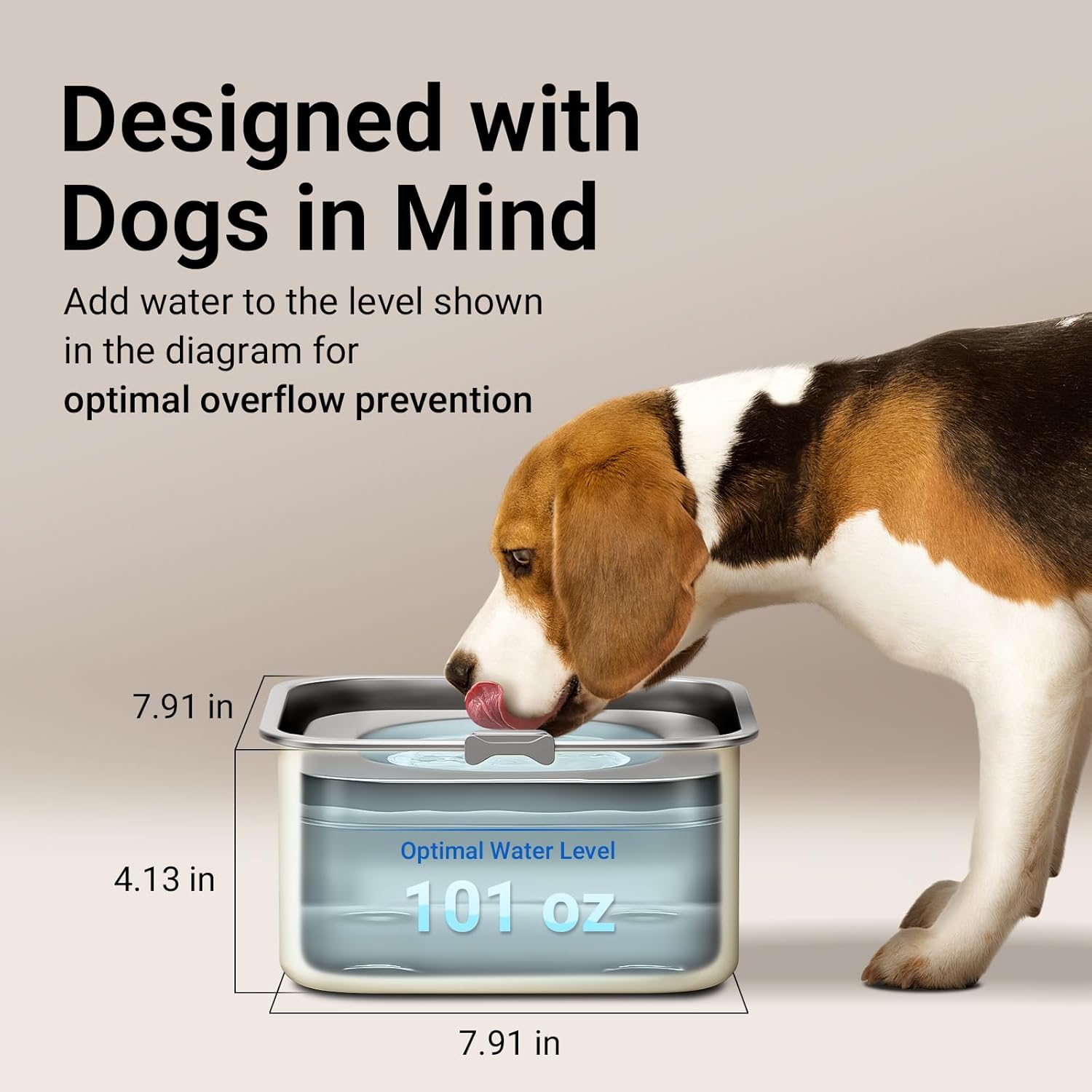 A dog drinking from the DownyPaws water bowl, with dimensions 7.91 inches length, 4.13 inches height, and 7.91 inches width indicated.