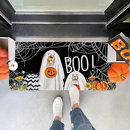 Miniatura 2 de Baccessor Tapete de Halloween Boo para perros para interiores y exteriores, diseño de tela de araña, calabaza, puerta delantera, tapete de