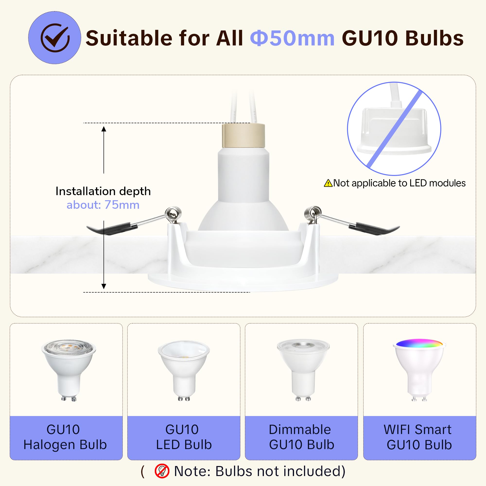 Set da 12 Cornice per Faretti da Incasso GU10 Orientabile 45°, Supporto Faretto Ø72-82mm con Portalampada GU10, Anti Abbagliamento, Frontale Rimovibile, Bianco Cornice Faretto da Sofitto