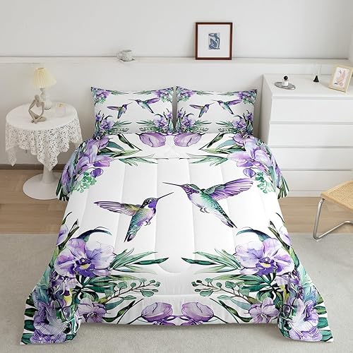 Erosebridal Juego de ropa de cama de colibrí, flores moradas, tamaño Queen, para niños y niñas, edredón floral de jardín de lavanda, hojas de