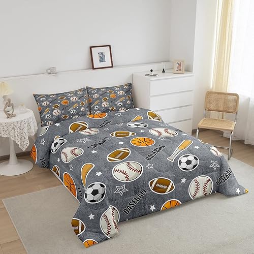 Miniatura 6 de Juego de ropa de cama con temática de deportes de pelota para niños, tamaño individual, juego de edredón de béisbol, bate, fútbol americano y fútbol