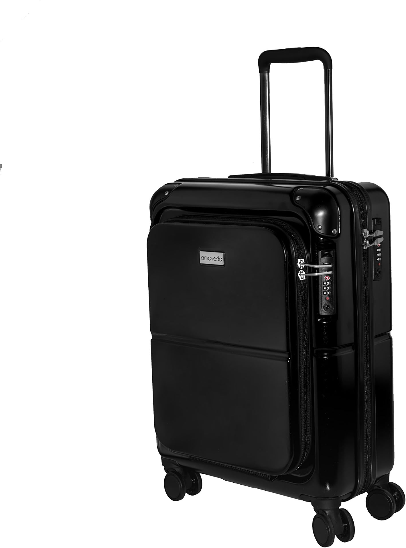 amovedaHand Luggage Trolley Case with Digital Scale in The Handle, Powerbank,TSA, Notebook Compartment, 4 Wheels, Expandable, 55cm | 100% PC Hard Shell | Black