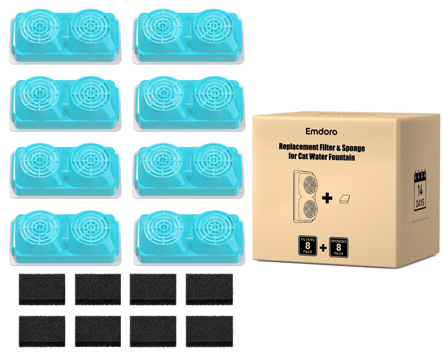 Emdoro Official 8-Pack Replacement Filters and Sponges for 3.2L/108oz Stainless Steel Cat Water Fountain Cordless (4 Months Set)