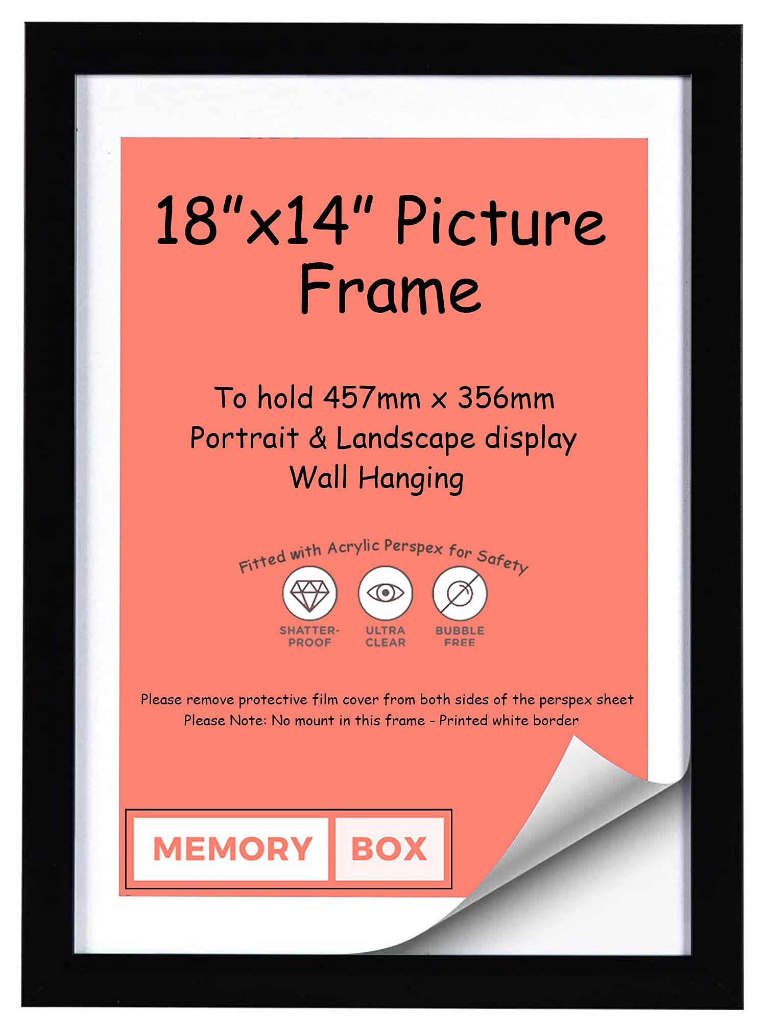 Memory Box Wrapped MDF Picture/Photo/Poster frame with Perspex Sheet - Moulding 20mm Wide and 15mm Deep - (45.7 x 35.6cm) Black 18" x 14"