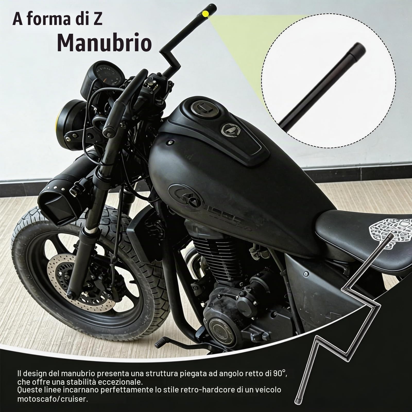 Manubrio Moto, Z Bar Ø22mm 7/8 Pollici, Rialzato 8", In Acciaio Resistente Con Abbassamento Centrale Stile Chopper Per Harley Yamaha Suzuki Kawasaki MT07 MT09 Touring Street Bike Cruiser ATV