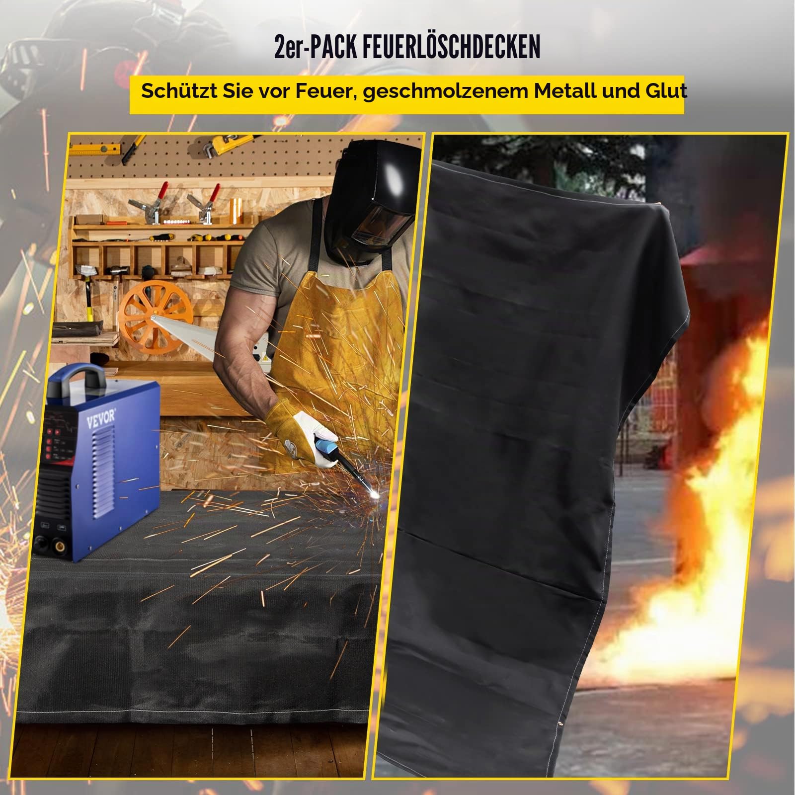 VEVOR Schweißschutzdecke, 2er-Pack Schweißdecken, 2,44 x 3,05 m Feuerlöschdecke, 1022 °F flammhemmende Decke, schwarze Feuernotfalldecken, feuerhemmende Glasfaserdecke mit 12 Messingösen