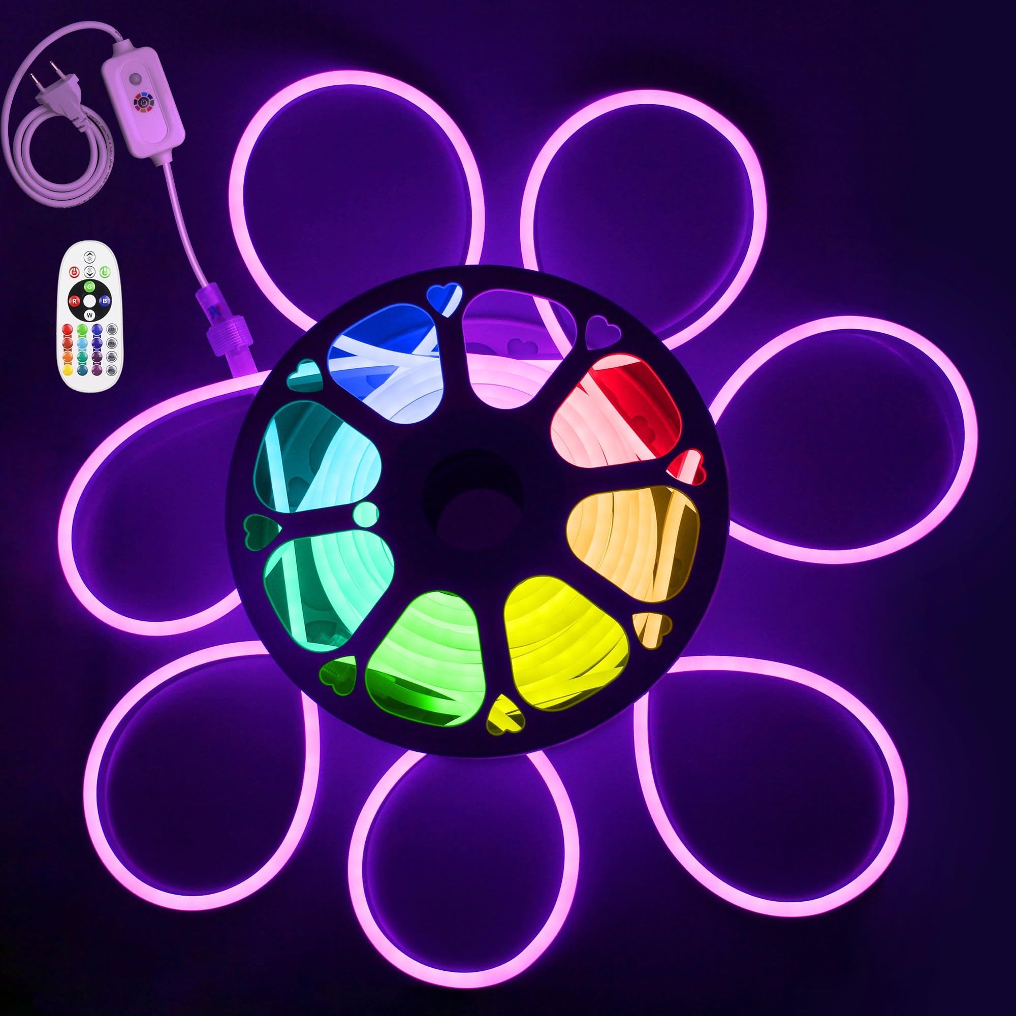 ALITOVE Tira de luces LED de neón RGB, 20 m, 230 V, conexión directa con mando a distancia, cambio de color, 80 ledes/m, resistente al agua, para jardín, piscina, fiesta, decoración del hogar (sin