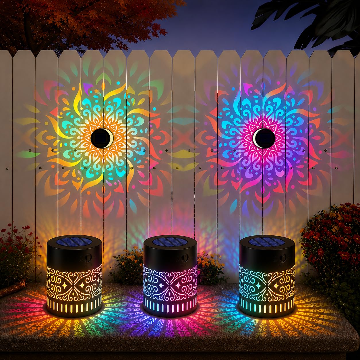 Solar Mandala Wall Light Outdoor Garden Fence Projector Lamp - Waterproof LED Mandala Projection Light for Patio Yard Backyard Decor - 7 Colour Changing Metal Projector Wall Light (3 pcs)