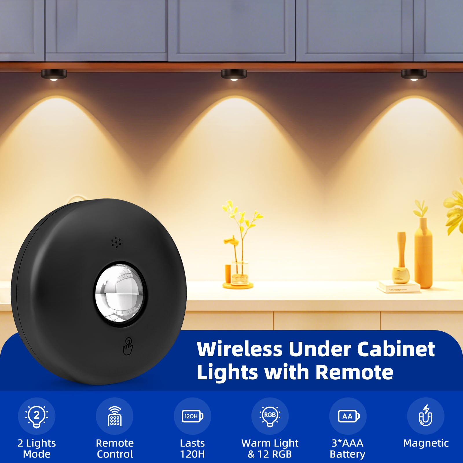 Aokpsrt LED Puck Lights with Remote Control, 13 Colors Battery Operated Tap Lights, Dimmer& Timer Magnetic Under Cabinet Light, Wireless Stick on Light for Closet, Bedroom, Kitchen Black 3Pcs
