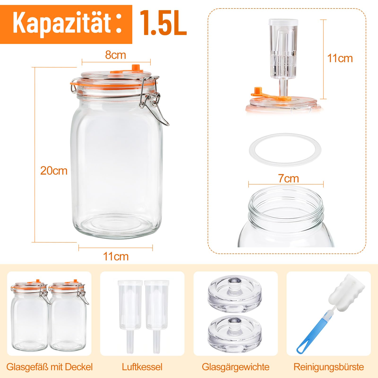 Snovire Lot de 2 bocaux de fermentation de 1,5 l - Avec valve de fermentation et poids - Pour choucroute, kimchi, kombucha et cornichons - Avec brosse de nettoyage - 3