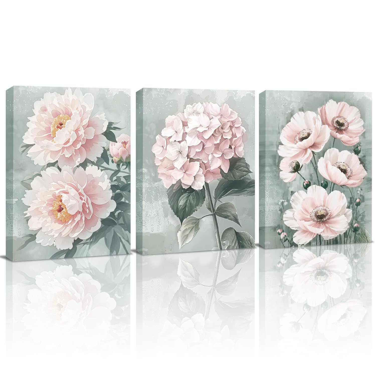 KAIRNE Pink Flowers Wall Art Grey Pink Floral Canvas Prints (11.8”X15.6,Framed) Hydrangeas Blossom Wall Canvas Painting Modern Romantic Poster for Women's Girl's Bedroom Living Room Bathroom 3PCS