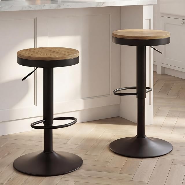 Kidol & Shellder Tabourets en bois noir Set de 2 Tabourets de comptoir pivotants modernes sans retour Chaises à barres rondes réglables Tabouret sans bras pour l'île de la cuisine