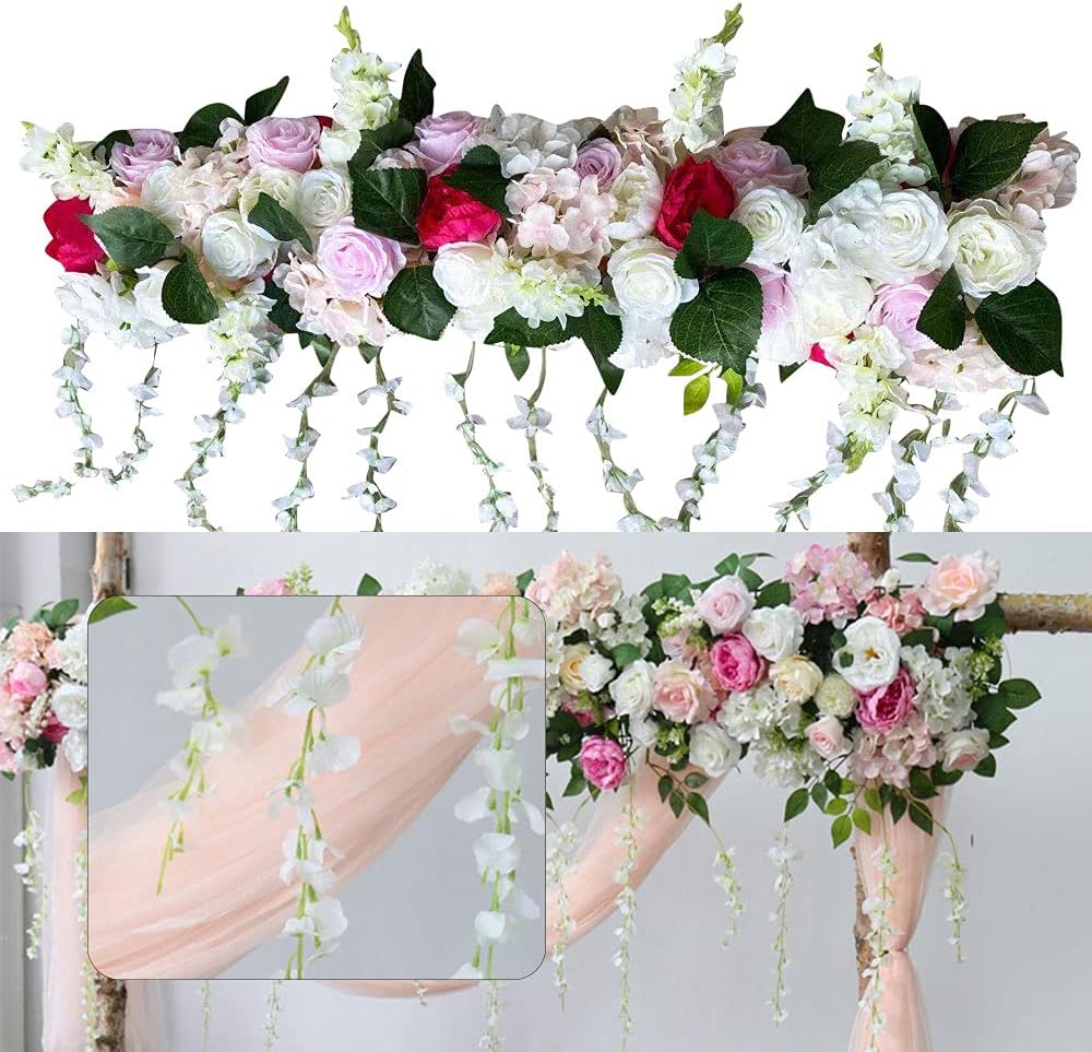 100cm Artificial Rose Flower Backdrop Wedding Row Decor Centerpiece Table Decorations Silk Decorative Faked Flower Wedding Flower Garland Floral Wall for Wedding Party Table Decoration (Pink Whiter)