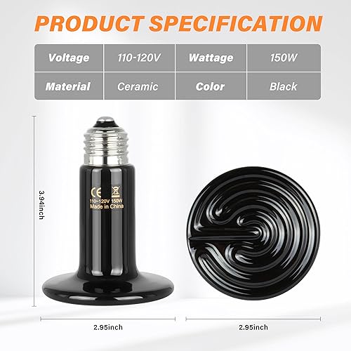 Miniatura 2 de Simple Deluxe Bombilla de cerámica de 150 W de calor para reptiles y luz de abrazadera de 150 W con reflector de aluminio de 8.5 "Combo para