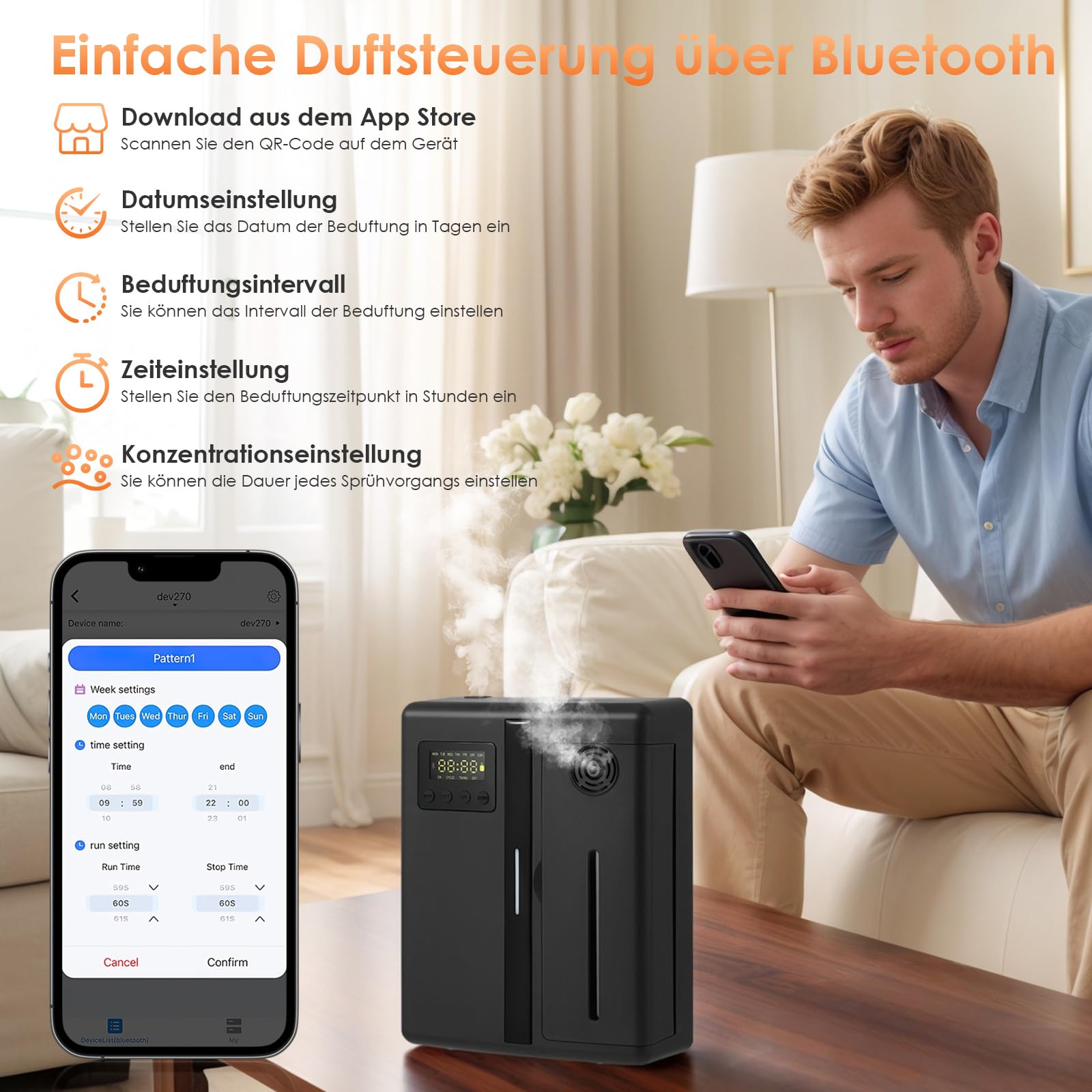 Smart Aroma Difusor App, 200 ml, difusor sin agua, aceites esenciales de hasta 200 ㎡ 30H, humidificador inteligente con pantalla LCD para dormitorio, habitación infantil y plantas
