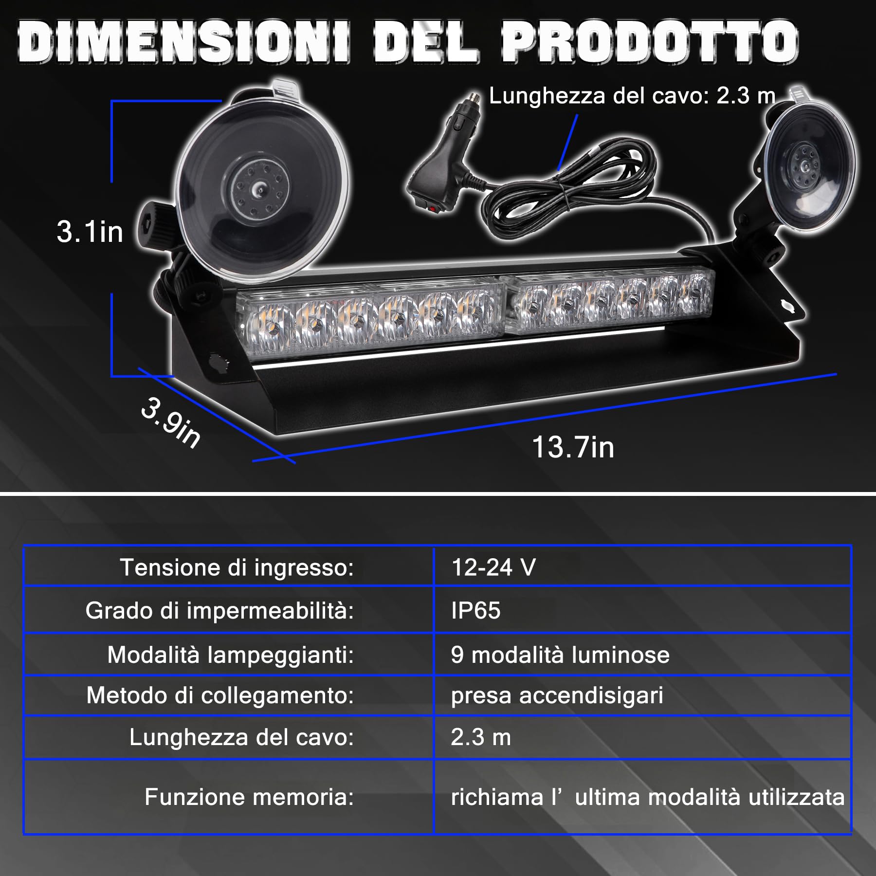 Barra LED Stroboscopica 14 Pollici 12 LED Ambra 12V/24V IP66 9 Modalità Luce Emergenza con Ventose Parabrezza Lampada Lampeggiante per Auto Camion Furgoni Veicoli Lavoro