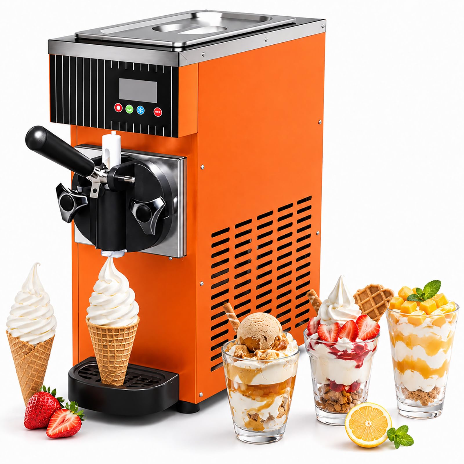 vnmudzeo Commercial Soft Serve Machine - 450W Countertop Ice Cream Maker, Single Flavor, 84.5oz Hopper, Auto Clean for Dessert Shops Orange