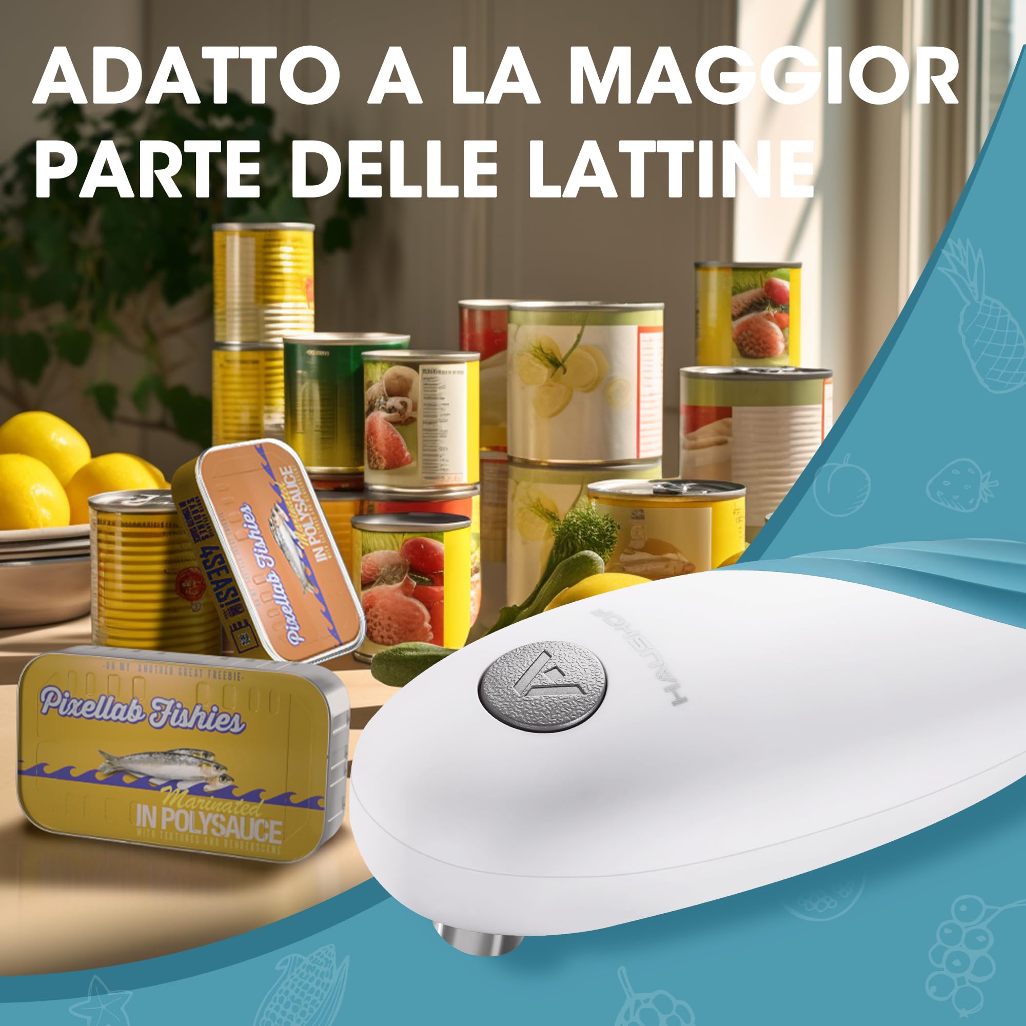HAUSHOF Apriscatole Elettrico One Touch Bordo Liscio, Apriscatole Automatico con Funzione di Avvio e Arresto Automatico One Touch, Gadget da Cucina con 4 Batterie per Cuochi-Blu