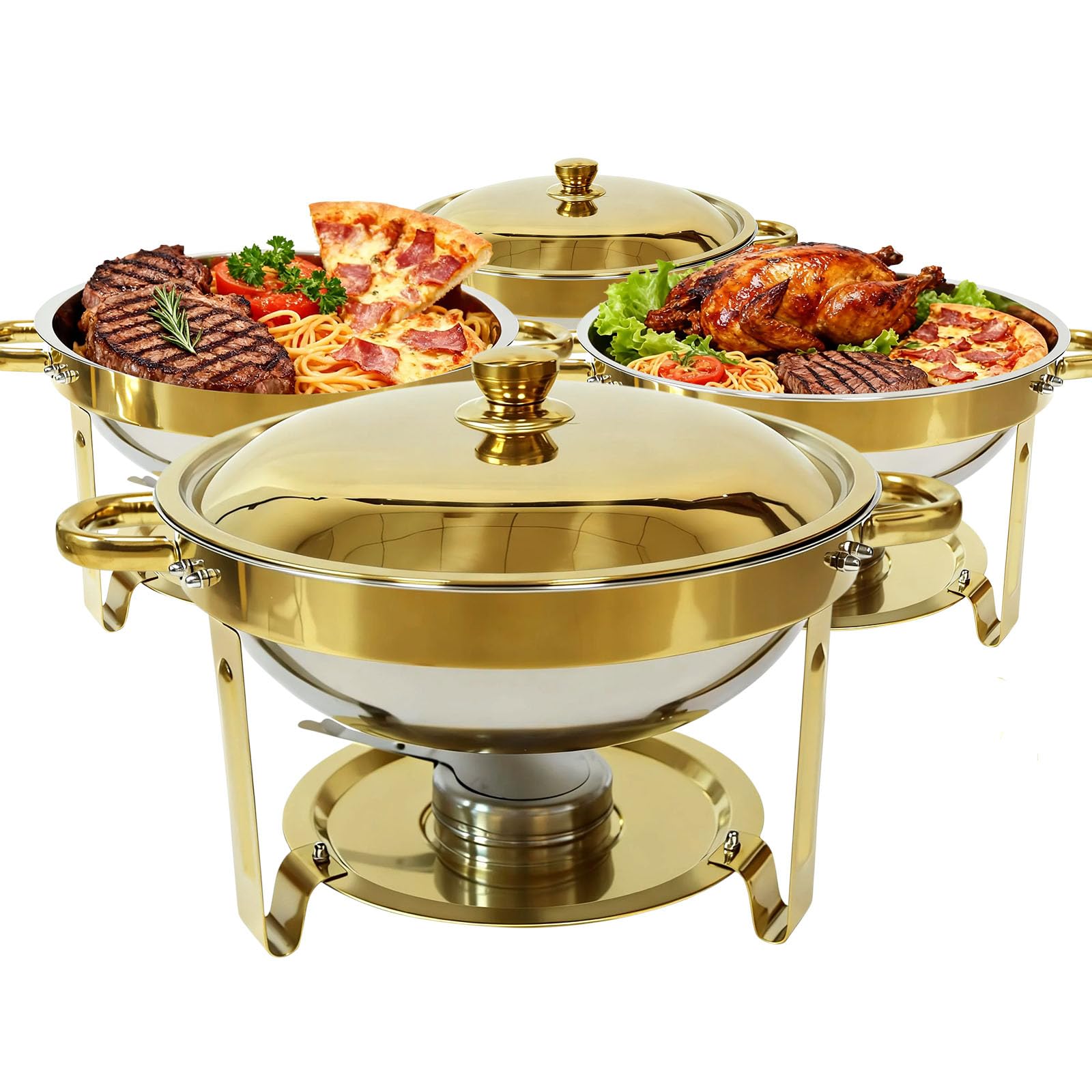 Photo 1 of 6QT Gold Chafing Dishes for Buffet, 304 Stainless Steel Food Pan with Lid, Round Chafing Dish Buffet Set of 4 Pack Food Warmer, Food Warmers for Parties Buffet Catering Events Dinners