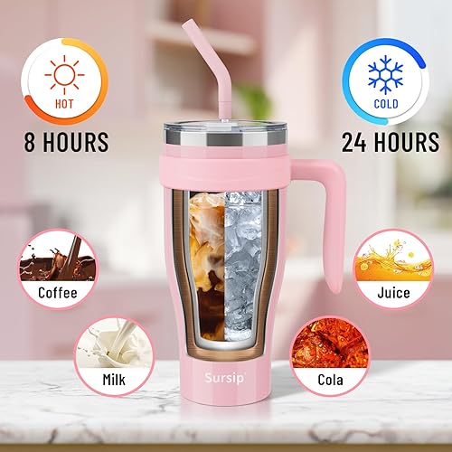 Miniatura 2 de Sursip Vaso de 40 onzas con asa, vaso de acero inoxidable al vacío de doble pared con popote y 2 tapas, mantiene las bebidas frías hasta 24 horas, a
