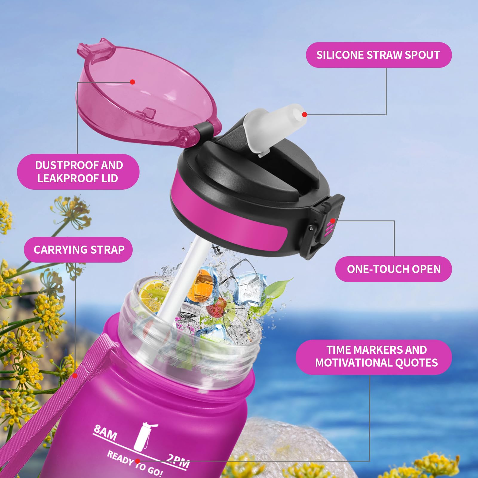 Borraccia Sportiva 1L, Bottiglia con Cannuccia, a Prova di Perdite, Facile Pulizia, Bottiglia Acqua Motivazionale con Indicatore del Tempo, per Campeggio, Ciclismo, Scuola, Ufficio, Lavoro, Gym