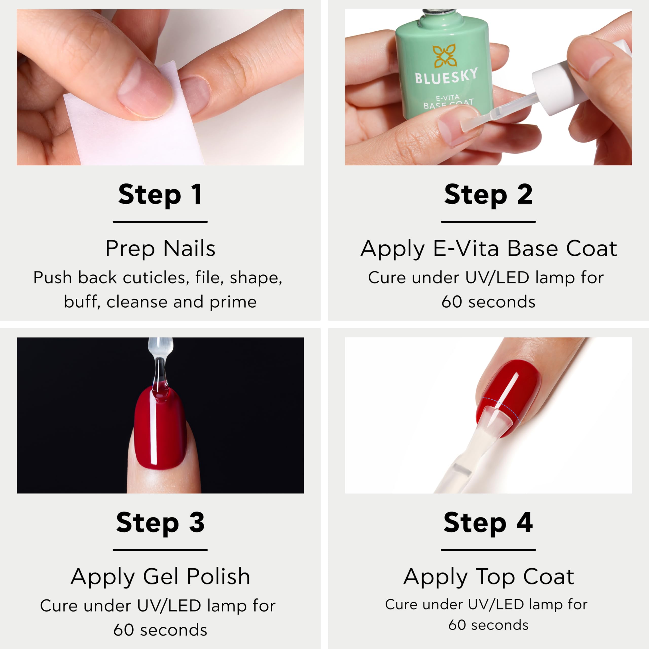 Bluesky E-Vita Base Coat 10ml, Vitamin E Enriched Gel Nail Polish for 21 Day Manicure, Professional, Salon & Home Use, Requires Curing Under LED UV Nail Lamp 3