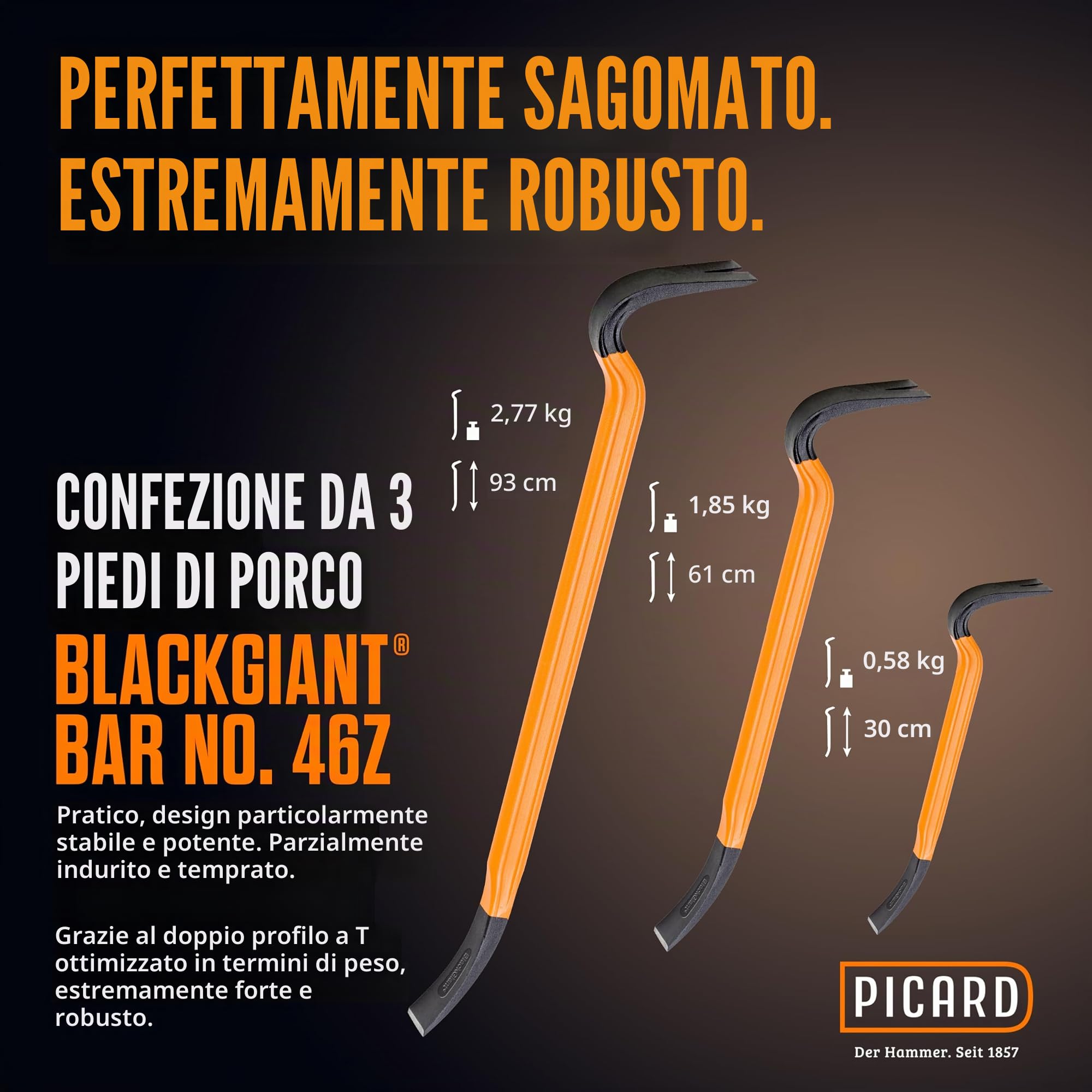 PICARD Leva chiodi BlackGiant®, No. 46Z, set | Lunghezze: 300, 610 e 930 mm | Palanchino leva di forza con rivestimento antiscivolo | Piede di porco per bancali | Leverino professionale